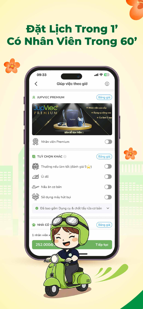 JupViec mobile app interface for booking hourly home cleaning services featuring a provider on a scooter