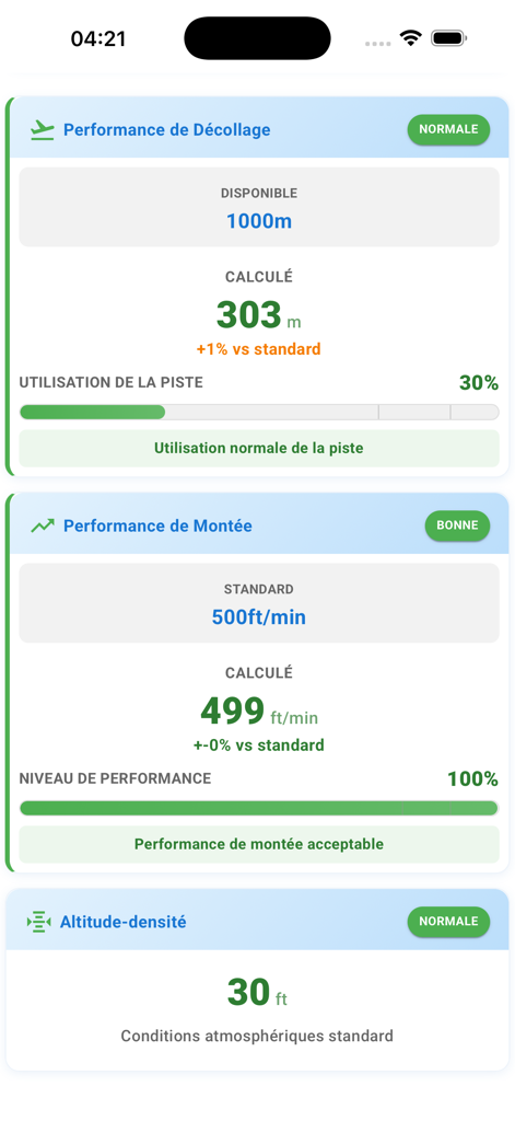 Mobile app interface displaying takeoff performance climb rate and density altitude calculations for pilots