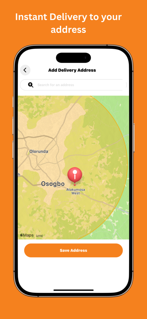 Interfaz de la aplicación ASAP que muestra un mapa para agregar y guardar una dirección de entrega para la entrega instantánea de alimentos y comestibles.
