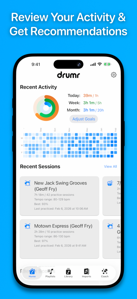 Drumr - Learn & Practice Drums - Screenshot of the Drumr app home screen showing practice activity rings a session heatmap and recently played drum scores