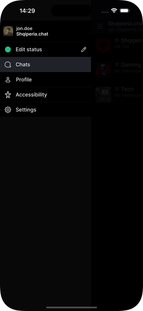 Shqiperia Chat - Side navigation menu of the Shqiperia Chat app showing user profile and chat settings in dark mode
