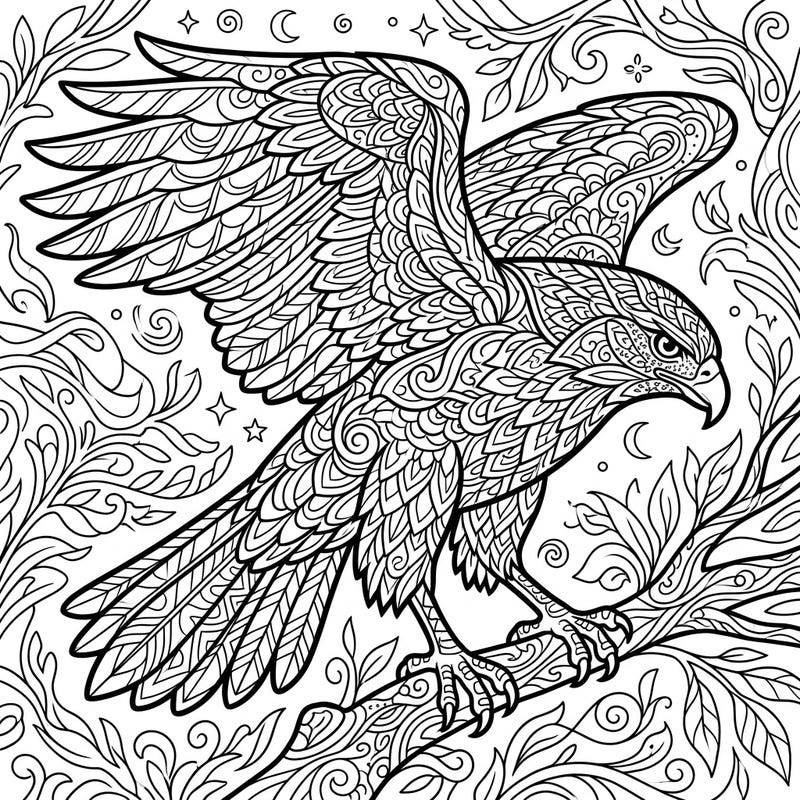 Soar into relaxation with this stunning adult coloring page featuring a majestic hawk adorned with intricate patterns. This detailed design offers a captivating and mindful artistic experience for all skill levels.