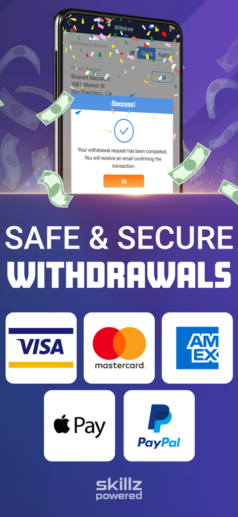 Word Search Real Money Rewards - Safe and secure withdrawal options featuring PayPal and Apple Pay for the Word Search Real Money Rewards app