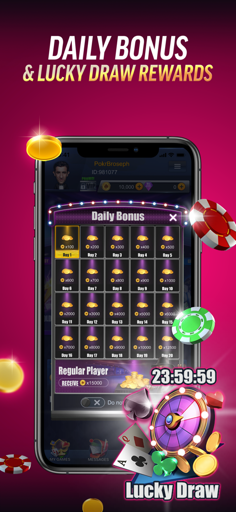 PokerBROS - Your Poker App - Daily bonus calendar and lucky draw wheel in the PokerBROS app