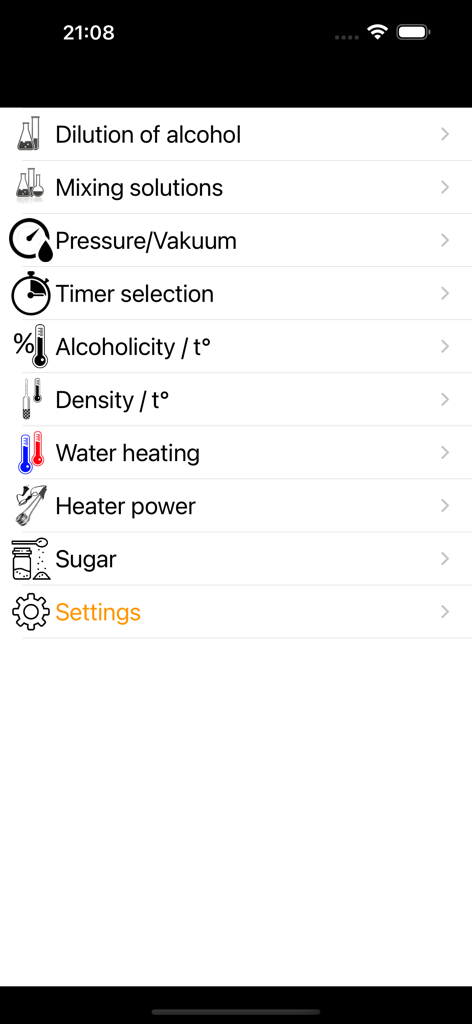 Hauptmenü mit verschiedenen Berechnungswerkzeugen für die Heimdestillation und Spirituosenherstellung