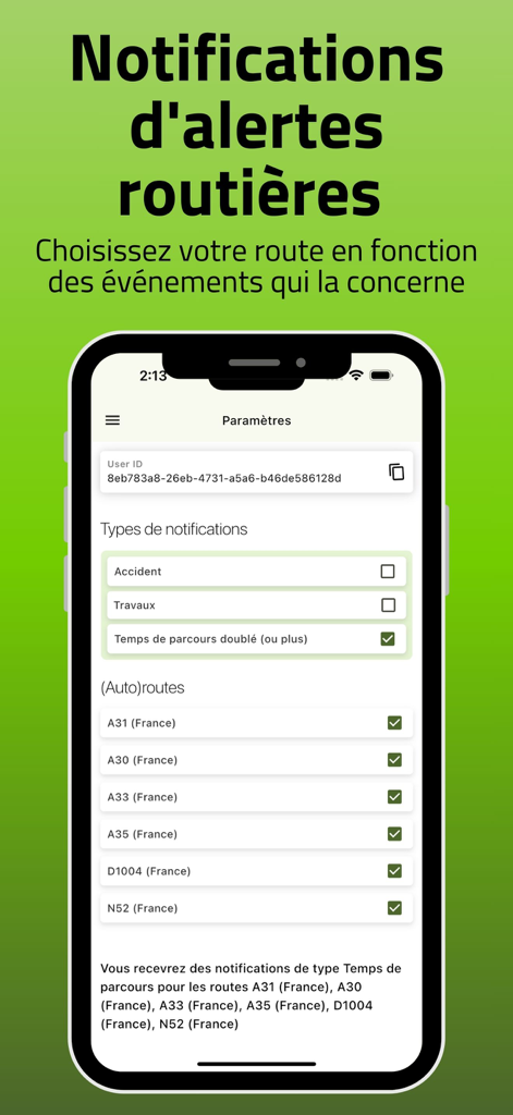 Paramètres de notification des alertes routières dans l'application Info Trafic Grand-Est.
