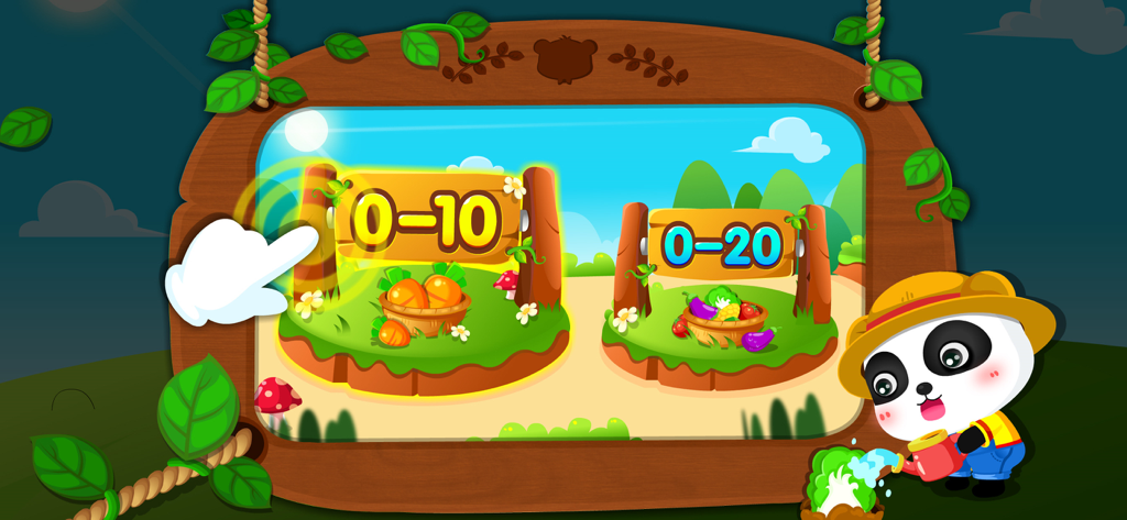 Panda Math Farm level selection screen with options for numbers 0-10 and 0-20.