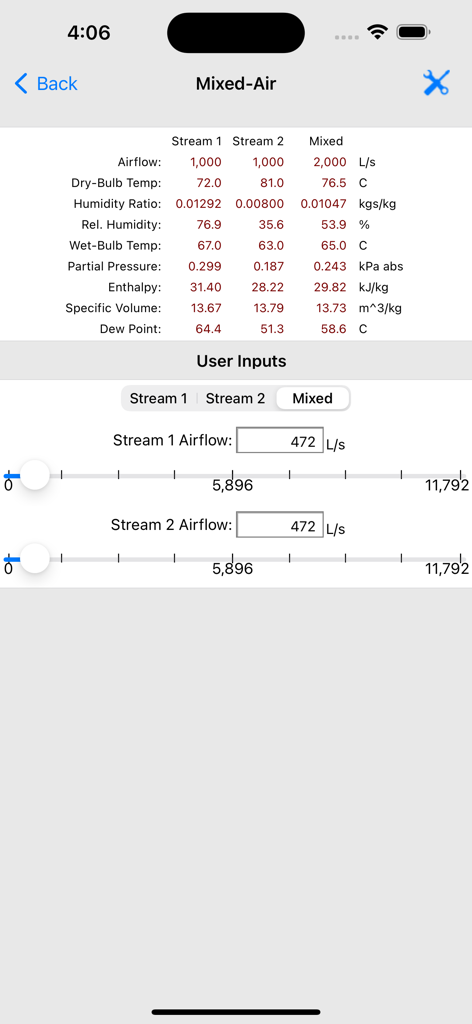 HVAC Psychrometric Plus - Interfaz de la aplicación HVAC Psychrometric Plus mostrando cálculos de aire mezclado con datos de flujo y controles deslizantes de entrada de flujo de aire