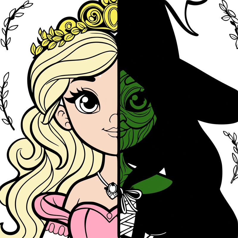 detailed realistic split of a princess and a witch