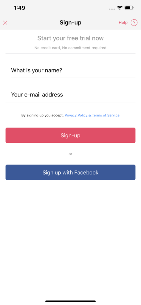 Registrierungsbildschirm für die SalonAppy Buchungs- und Terminplanungs-App mit Namens- und E-Mail-Feldern