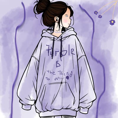 realistic girl with a oversized sweatshirt on and a bun