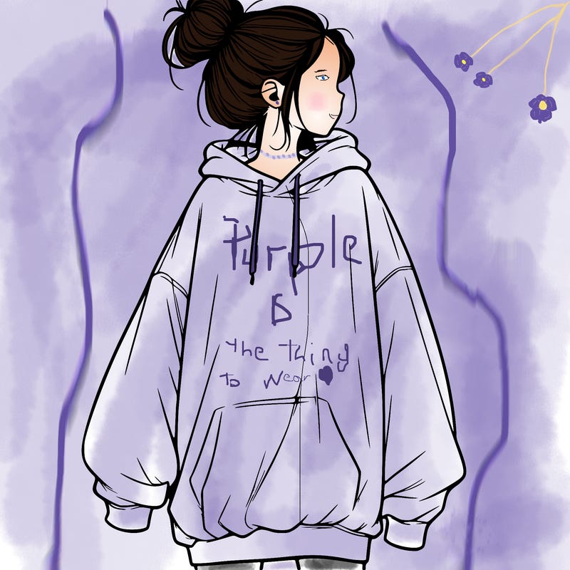 realistic girl with a oversized sweatshirt on and a bun