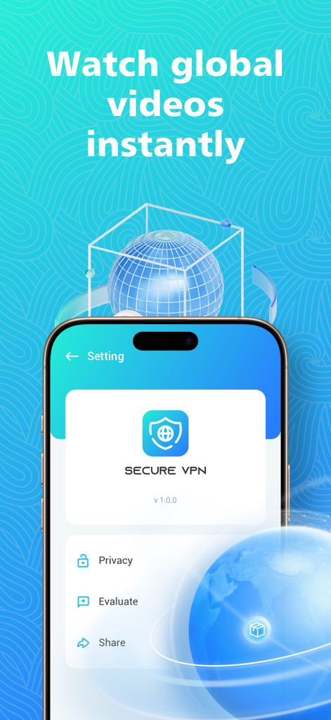 Secure VPN - Super Fast Proxy - グローバルビデオストリーミング機能と設定メニューを示すSecure VPNアプリのスクリーンショット