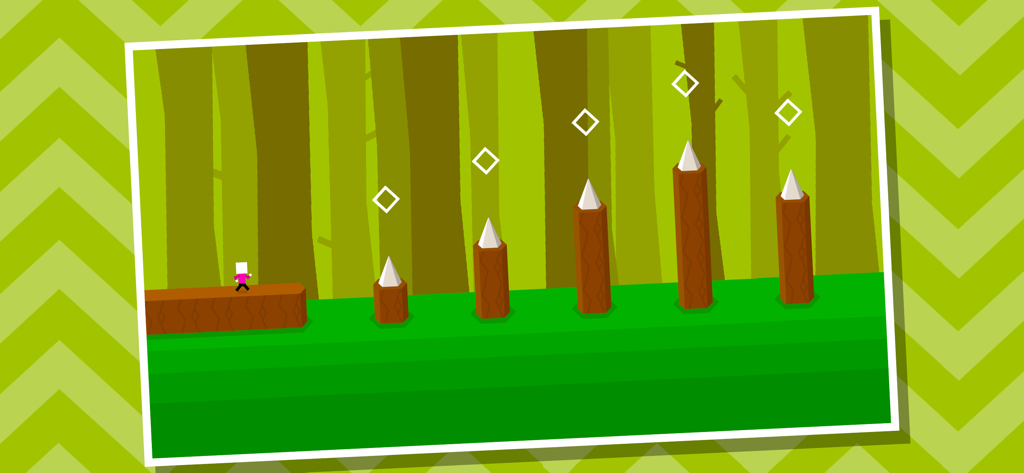 Mr Jump S - Mr Jump S character navigating through a forest level with spiked pillars in a minimalist platformer game