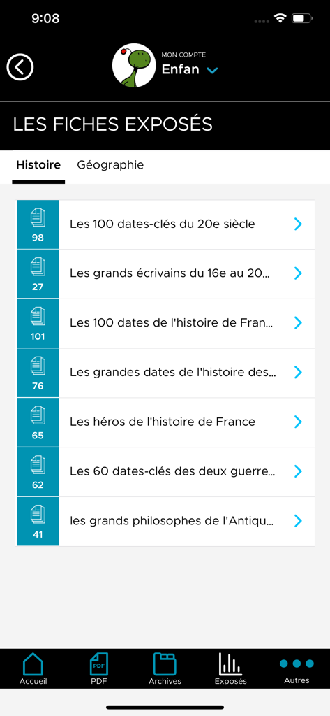 Interface of the LACTU app showing history study sheets with various educational topics.