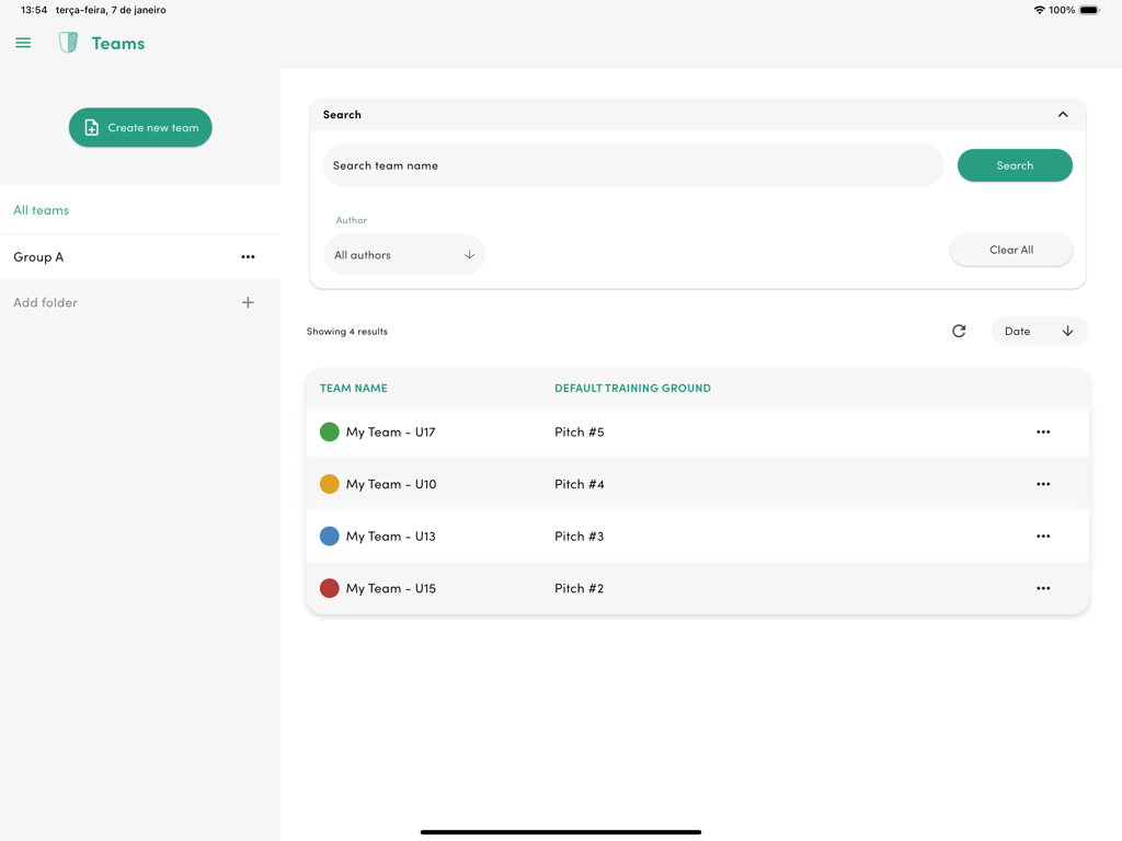 A team management dashboard in the Tactical Boards app showing a list of youth sports teams and their assigned training pitches.