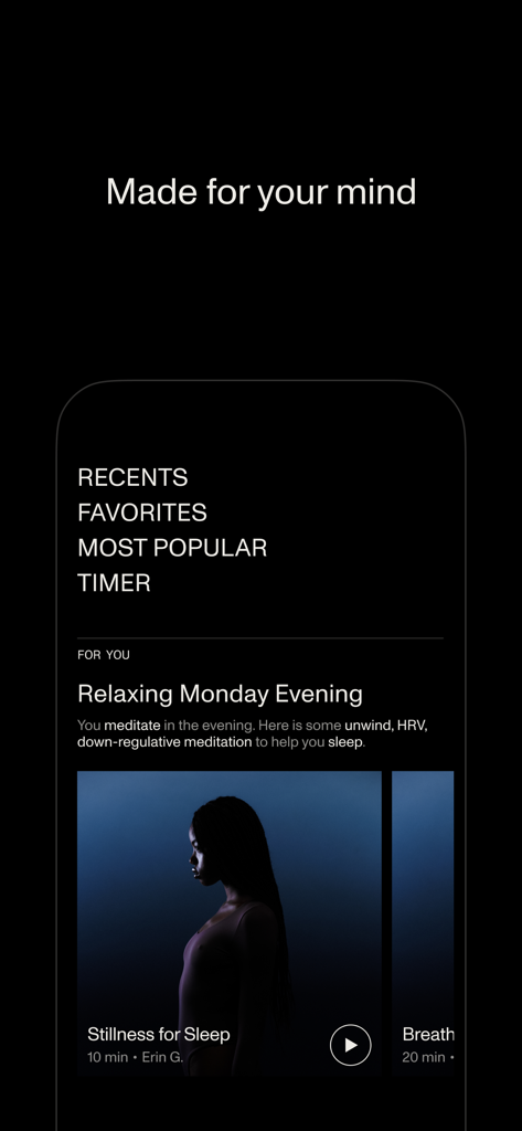 Interface of the Open app showing personalized meditation recommendations for sleep and relaxation