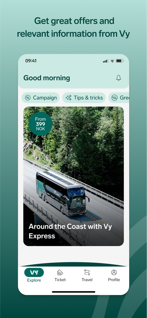 Vy - Captura de pantalla de la aplicación de viajes Vy mostrando una oferta de autobús para la costa noruega