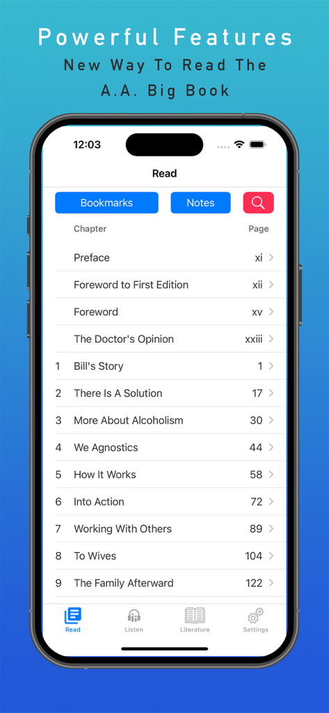 AA Big Book e-Reader + Audio - A screenshot of the AA Big Book e-Reader app showing the table of contents with chapters like Bill's Story and The Doctor's Opinion.