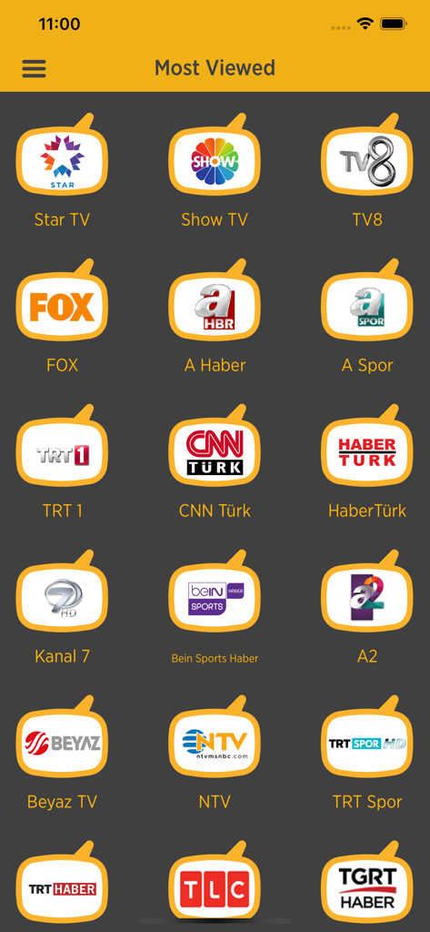 A list of most viewed Turkish TV channels including Star TV and CNN Turk on the mobile app interface