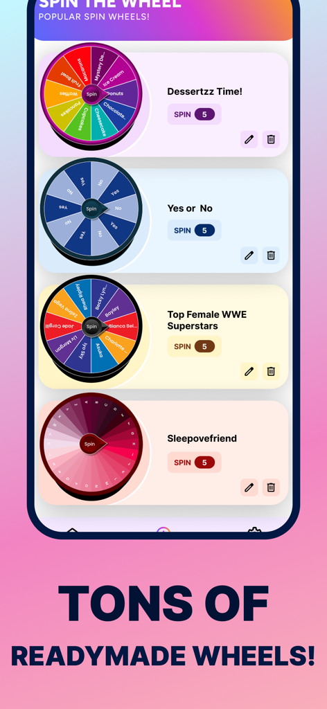 Spin The Wheel - Happy Wheels - Interface mostrando uma seleção de listas de rodas de decisão pré-feitas populares no aplicativo Gire a Roda