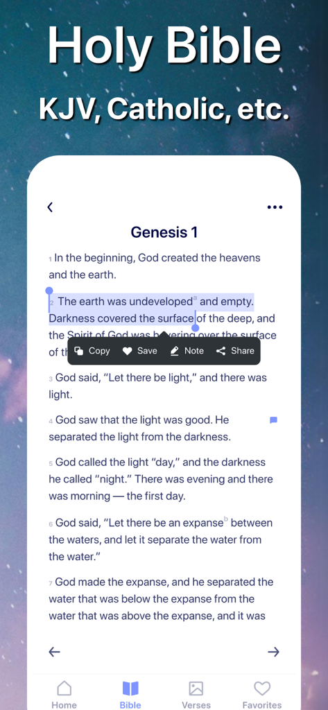 Soulway - Daily Bible Verse - A mobile phone displaying the Soulway app with the first chapter of Genesis and a highlighted verse selection menu.