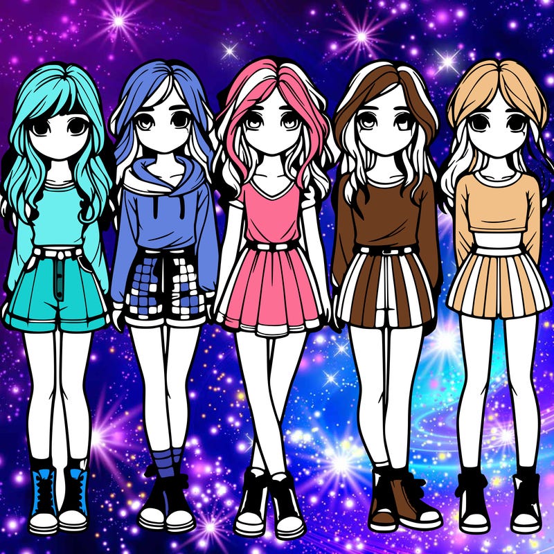 group of 6 realistic girls in a row