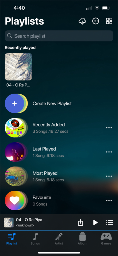 Interfaz de Audify Music Player mostrando la pantalla de listas de reproducción con categorías para música añadida recientemente, reproducida por última vez y más reproducida.