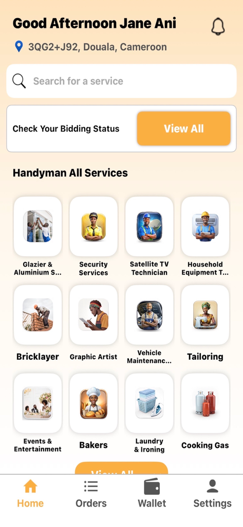TaQ User app dashboard showing various home and professional services available for booking including laundry, baking, and tailoring.