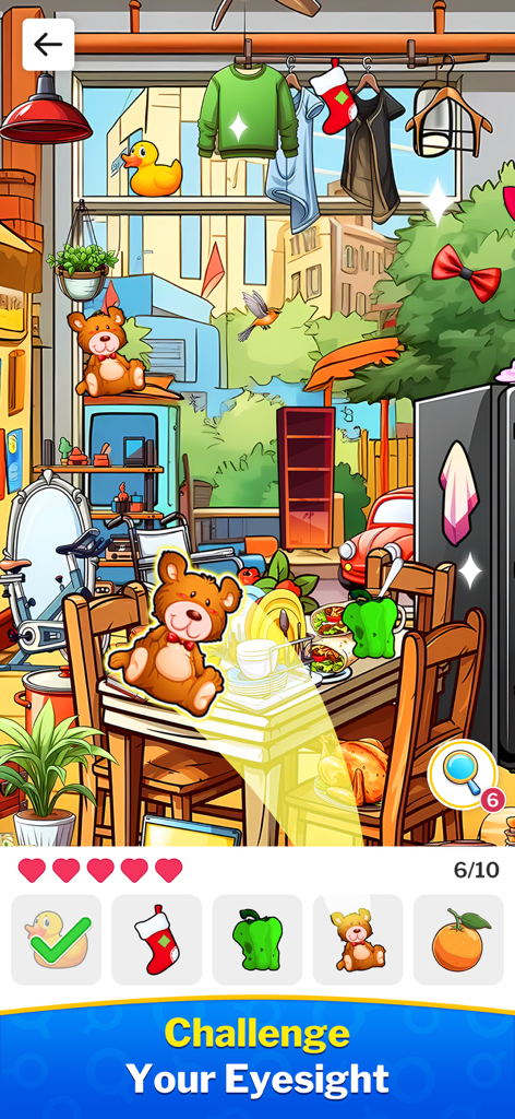 A hidden object game level where players find items in a cluttered indoor scene.