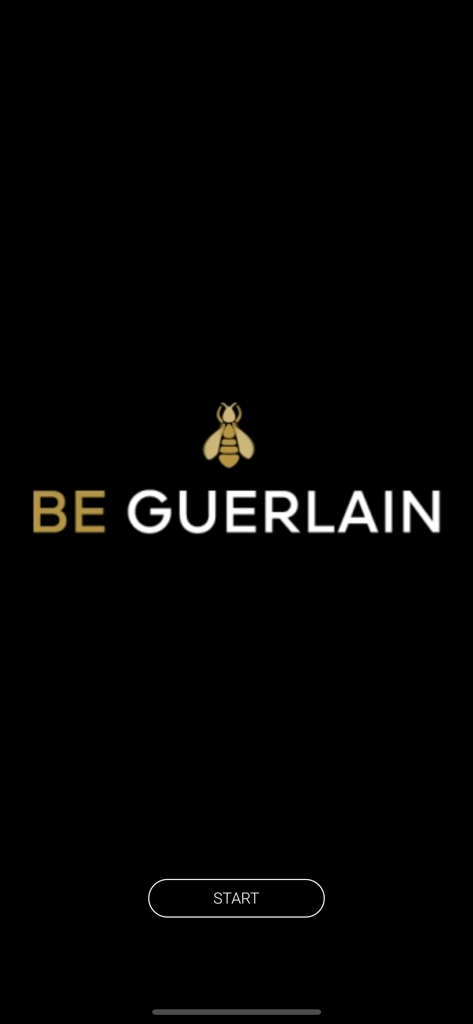 Be GUERLAIN - Be Guerlain app splash screen with a gold bee logo and a start button on a black background