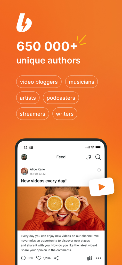 Boosty: Content just for fans - Pantalla de la comunidad de creadores de Boosty mostrando una variedad de categorías de contenido y una publicación de ejemplo de un creador en el feed