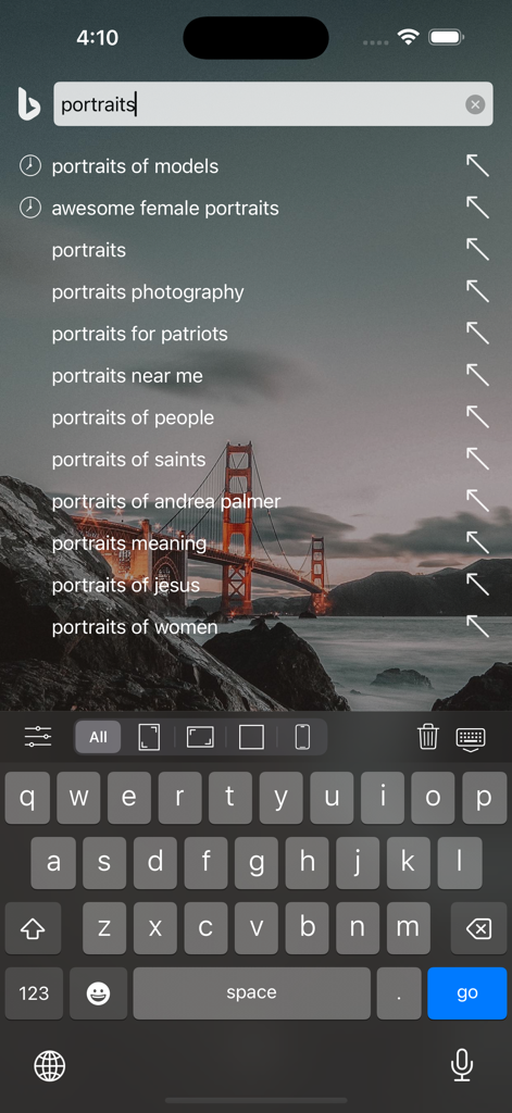 das Image Search and Explore - Interface of the das Image Search app showing search suggestions for portraits and image orientation filters