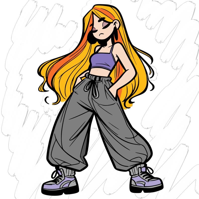girl in baggy pants crop top and long hair
