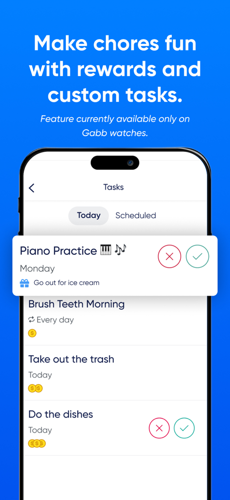 MyGabb - MyGabbアプリのインターフェース。ピアノの練習やゴミ出しなどの日常の雑用、報酬のリストが表示される