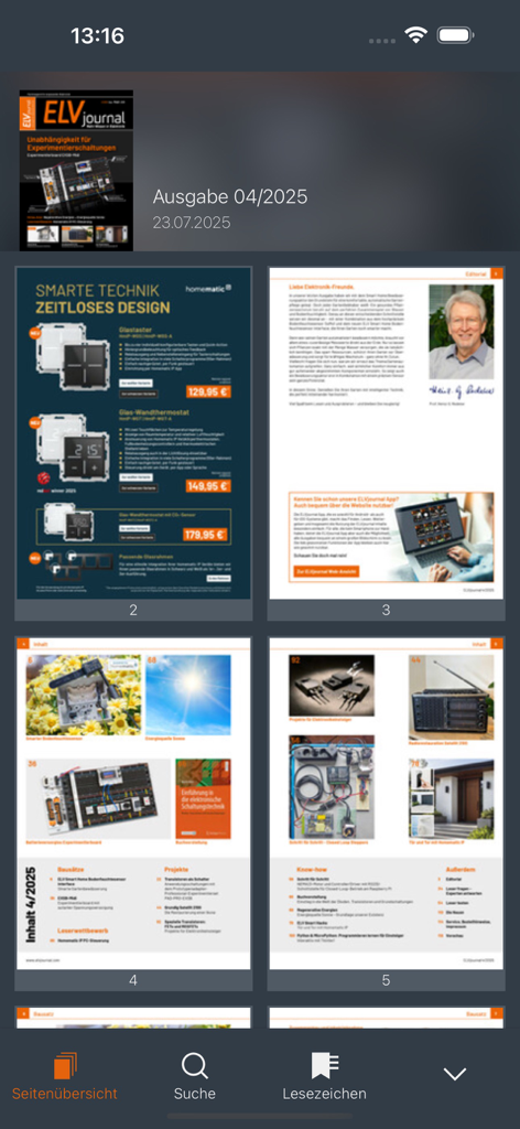 ELVジャーナルアプリのデジタル雑誌インターフェイスで、さまざまなエレクトロニクスプロジェクトページを表示。