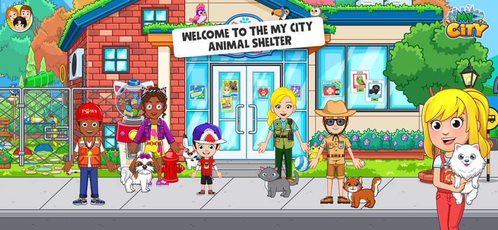 My City: Animal Care Shelter - Characters and animals standing in front of the My City Animal Care Shelter building