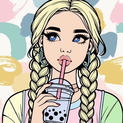 realistic girl with braided hair drinking boba