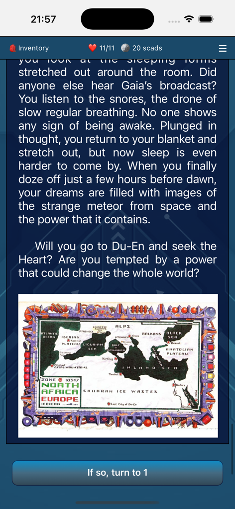 A screenshot of the Heart of Ice gamebook showing narrative text and an original illustration of a frozen world map.