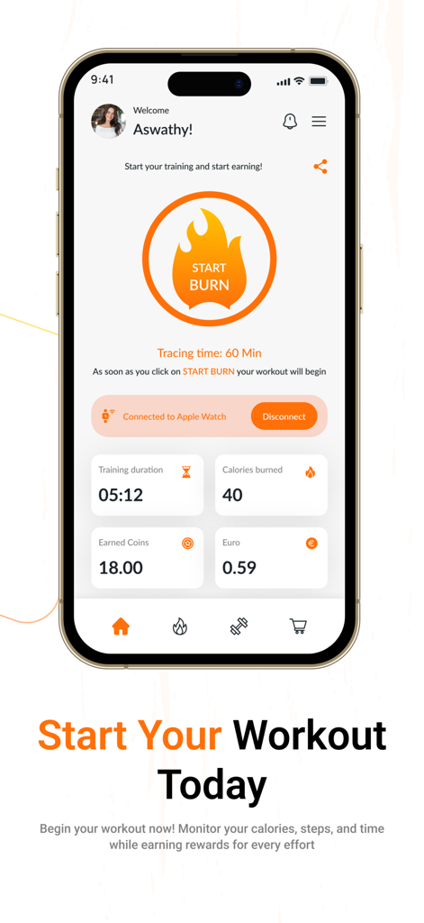 Fitburn - Fitburn mobile app dashboard displaying real-time workout stats including duration calories burned and rewards earned