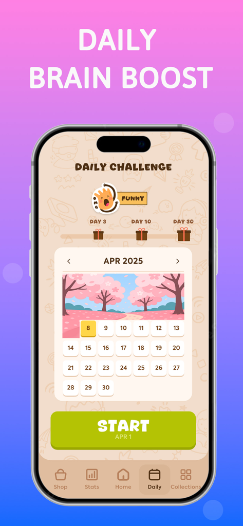 Cryptogram: Number & Word Game - A mobile game screen showing the daily brain boost challenge and monthly calendar for a cryptogram puzzle.
