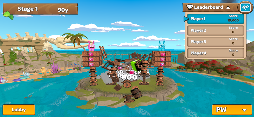 Crazy Birdie - Gameplay of Crazy Birdie showing destruction on a tropical island with a player leaderboard