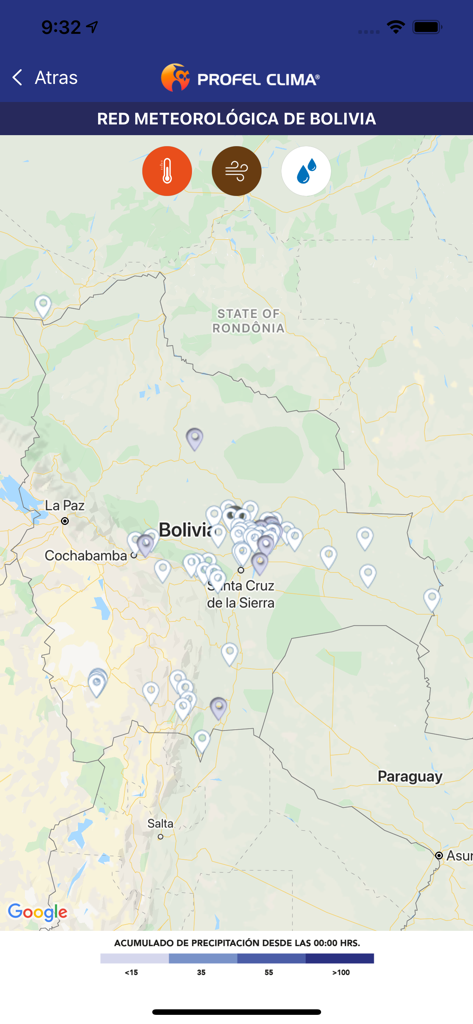PROFEL Clima 2.0 - Mapa de Bolivia que muestra una red de estaciones meteorológicas profesionales dentro de la aplicación PROFEL Clima 2.0.