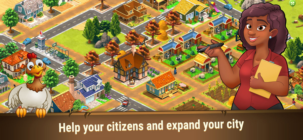 A woman with a clipboard and a cartoon chicken in a vibrant farm and city building simulation game