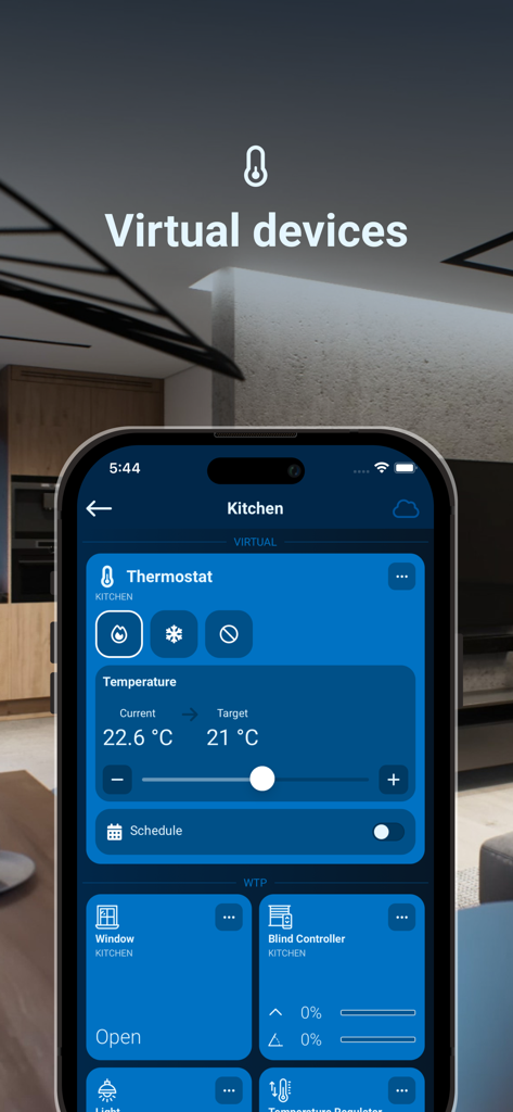 Sinum - Painel do aplicativo de casa inteligente Sinum para termostato de cozinha e controles de persiana