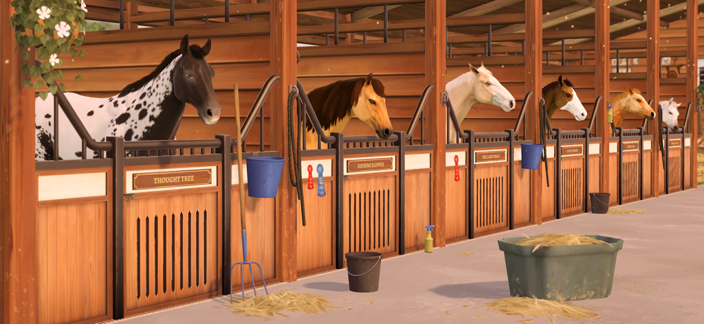 Uma fileira de diversos cavalos em suas baias em um estábulo de rancho no Rival Stars Horse Racing.