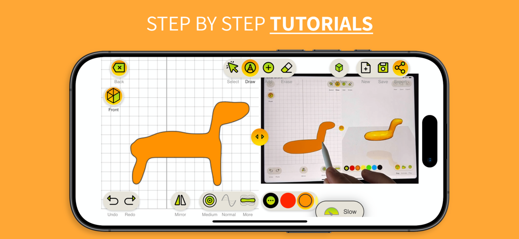 ToyCAD: Easiest 3D Drawing App - 태블릿에서 단계별 3D 그리기 튜토리얼을 보여주는 ToyCAD 앱 인터페이스