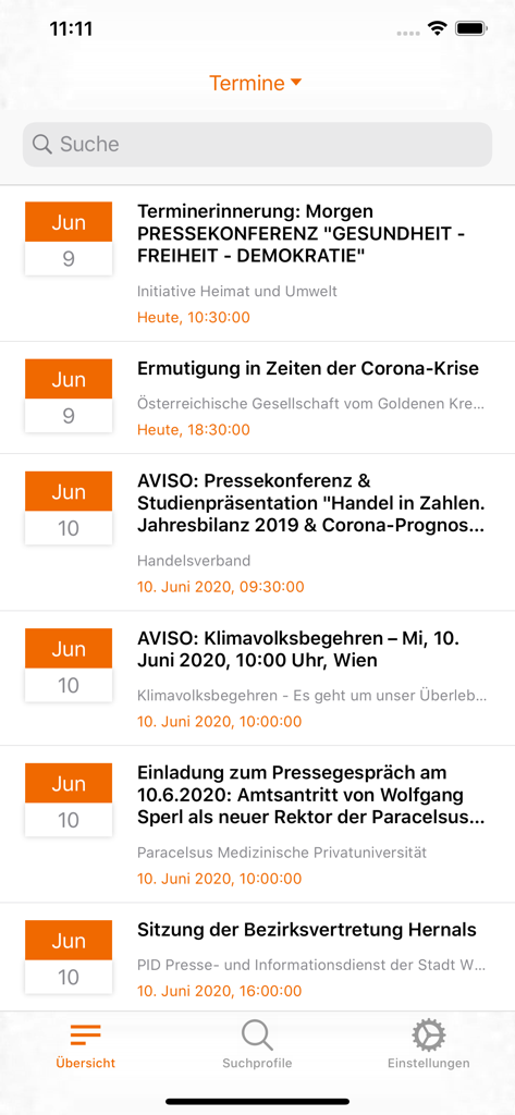 APA-OTS - A list of upcoming press conferences and events in the APA-OTS app showing dates and titles in German