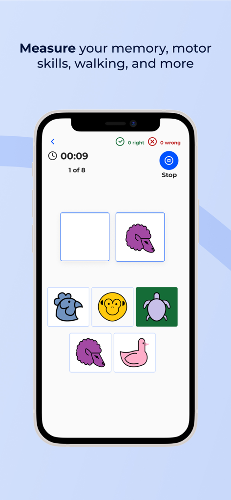 BeCare Neuro Mobile App-Oberfläche zeigt einen kognitiven Gedächtnistest mit Tiermotiven.