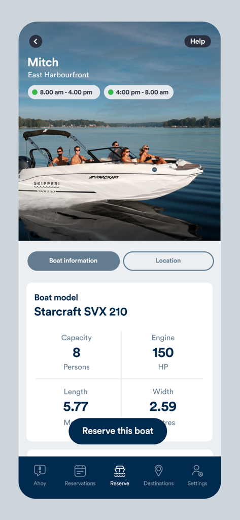 Skipperi - Pantalla de la aplicación Skipperi que muestra las especificaciones del barco y las opciones de reserva para un Starcraft SVX 210.